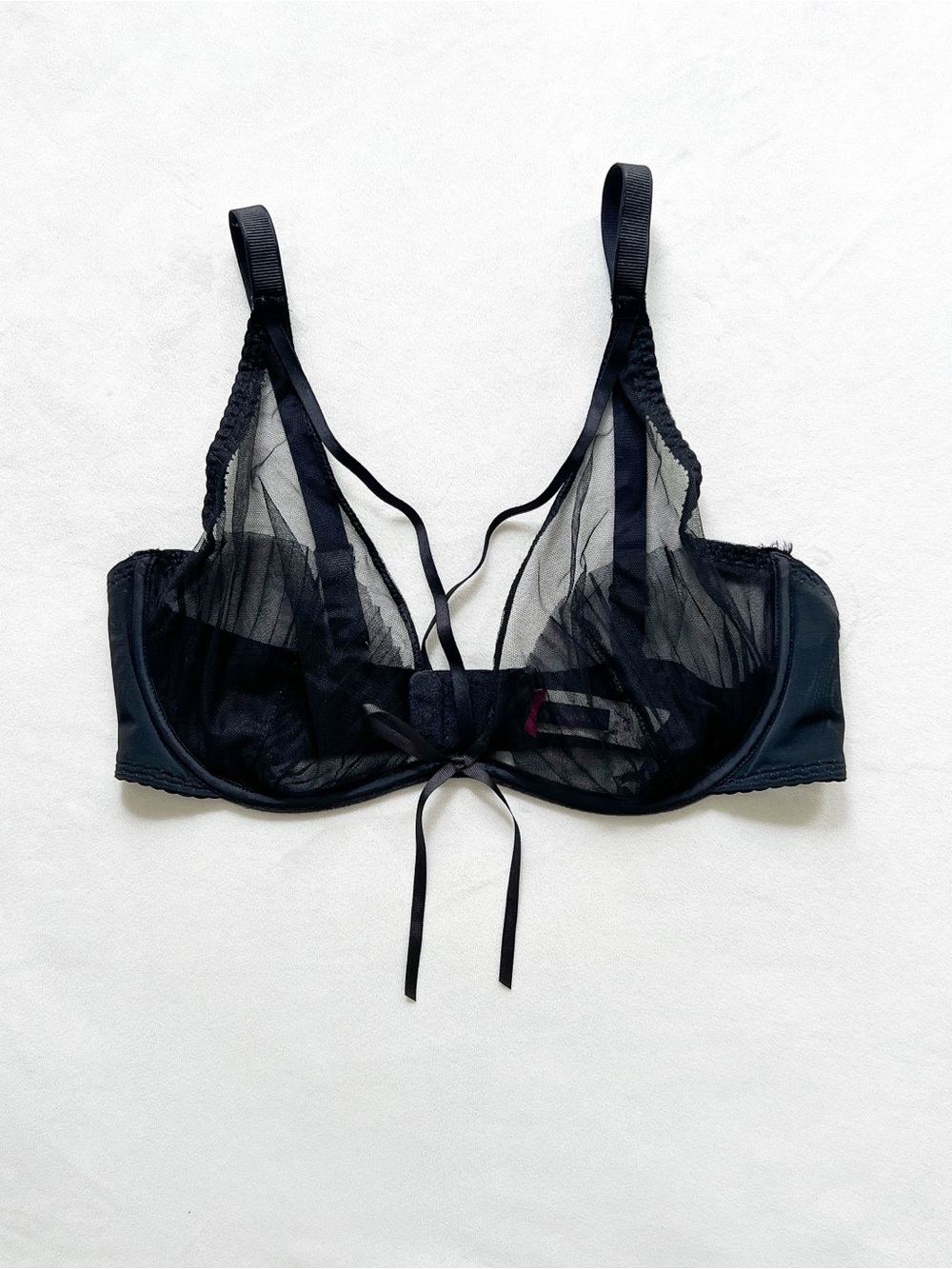 Passionata Sheer Black Tulle Underwire Bra with Front Ribbon Tie - 36DD